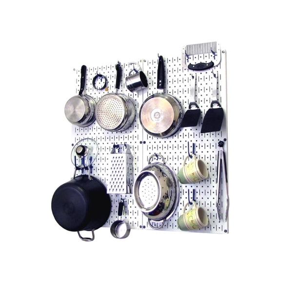 Wall Control Kitchen Pegboard Organizer Pots and Pans Pegboard Pack Storage and Organization Kit with White Pegboard and Blue Accessories