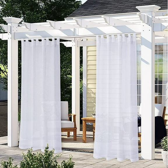 DONGPAI Linen Outdoor Curtain for Patio, Waterproof Tab Top Sheer Curtains for Pergola, Porch, Cabana Gazebo Voile Sheer Drapes, 52" x 84", White, 1 Panel