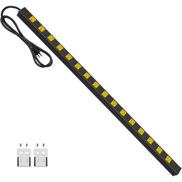 JUNNUJ Multiprise Longue en Métal 16 Prises, Multiprise Industrielle de Garage à Grand Espace, Multiprise Robuste avec Cordon de 6 Pieds 15A, 125V, 1875W. Jaune