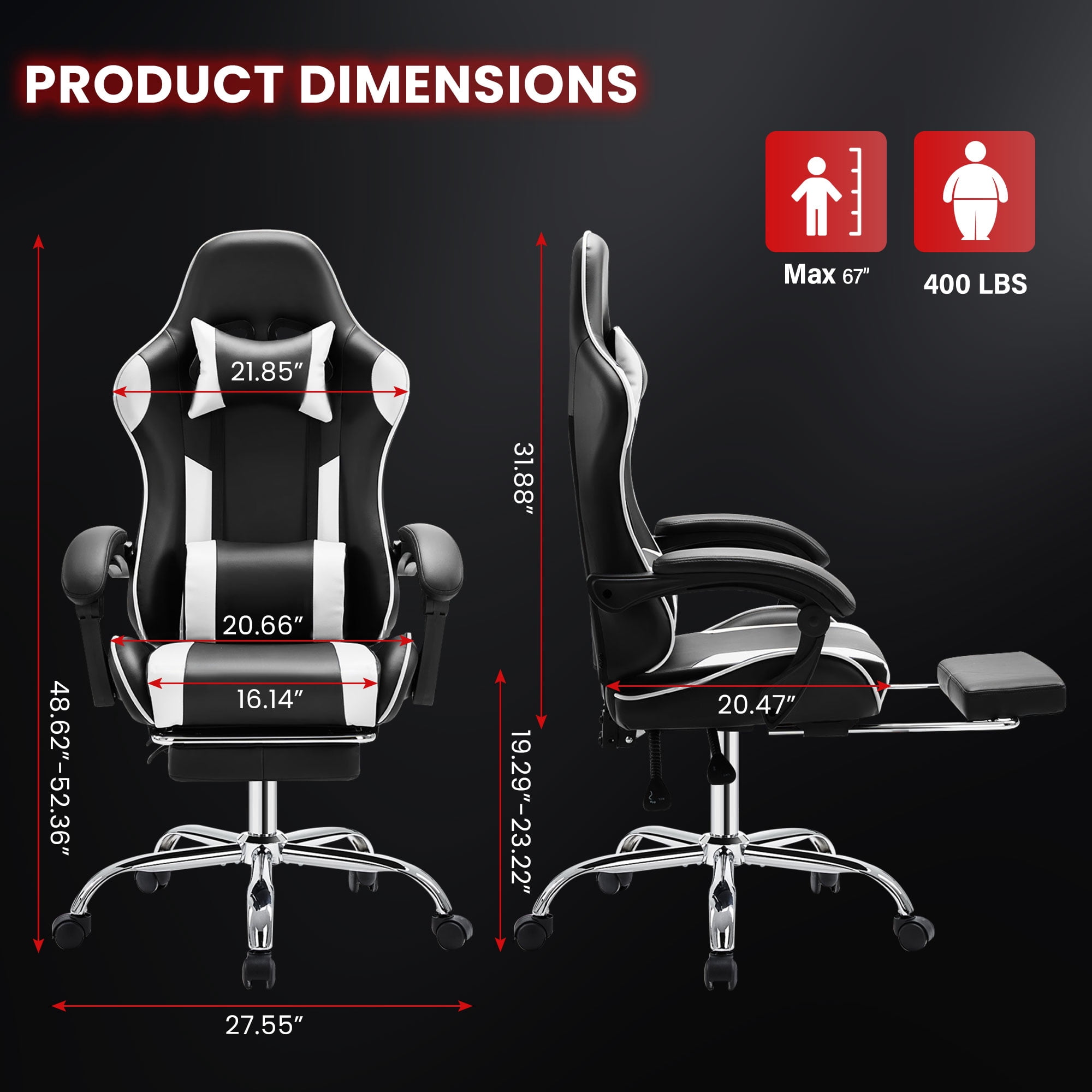JONPONY Big and Tall Gaming Chair, Ergonomic Design, Gamer Chair PU Leather with Footrest and Lumbar Support, High Back Office Chair Support 8 Hours Long Sitting, Computer Chair,Black White