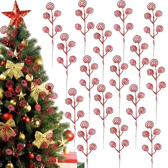 16Pcs Christmas Decorations, 13.7In Candy Shape Curly Picks Glittery Faux Christmas Tree Stems Decor, Artificial Christmas Picks for Christmas Tree Decor, DIY Xmas Wreath, Crafts, Holiday Home Decor