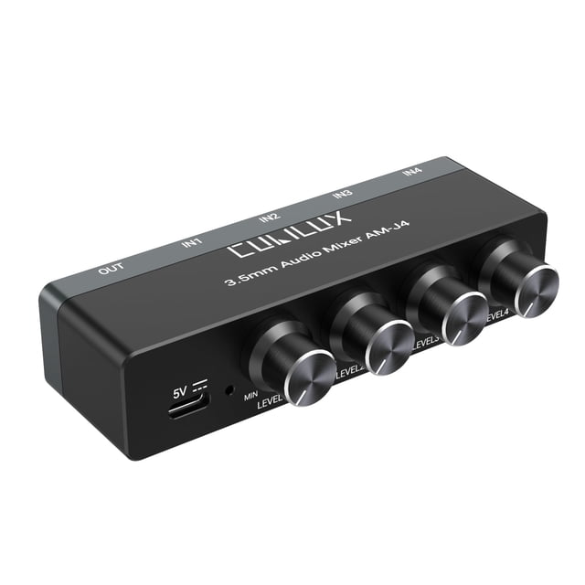 Cubilux Mezclador de Audio Mini de 4 Canales con Entrada Estéreo TS/TRS de 3.5 mm, Submezclador de Aluminio de Bajo Ruido para Guitarras, Teclados, Bajos