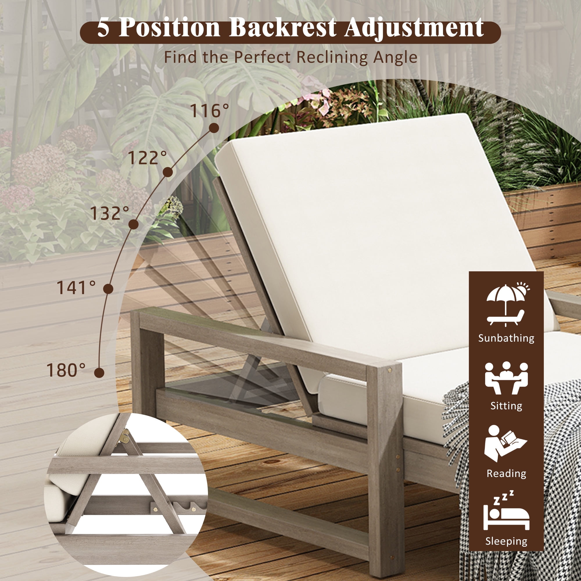 Cushioned 5 Position Lounge Chair, Outdoor Patio Recliner with Soft Pad for Backyard Deck, Gray