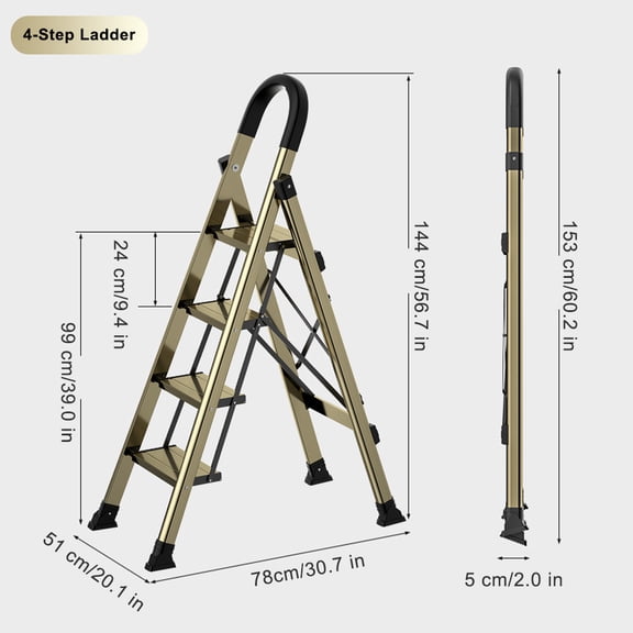 4-Step Folding Ladder Gold, Portable Anti-Slip Aluminum Step Stool, 330 lbs Capacity, Sturdy Wide Pedals, Perfect for Home, Kitchen & Office Use