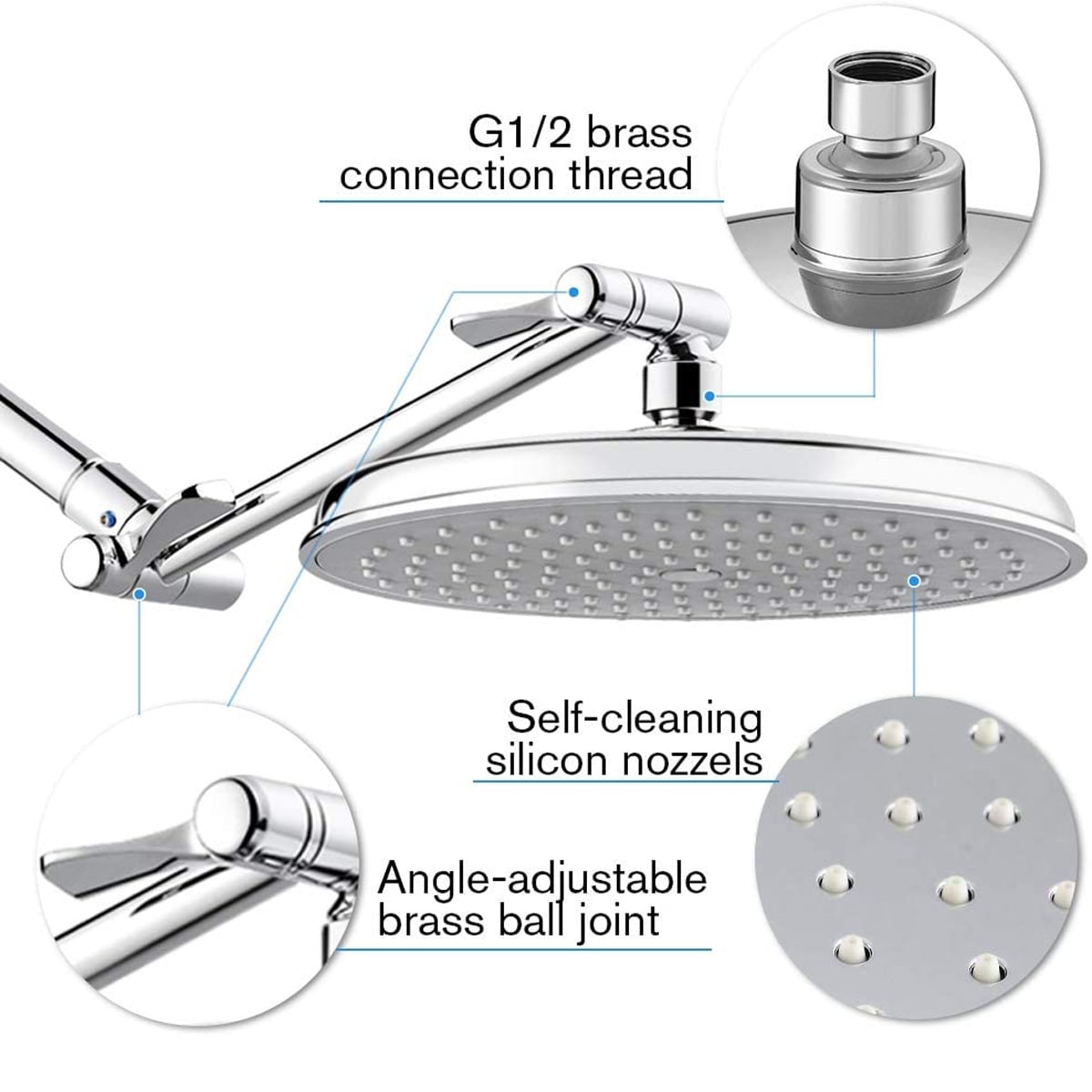 Adjustable Angle Shower Arm Extended Polished Chrome Bathroom Shower 9 Inch Round Rain Shower Head