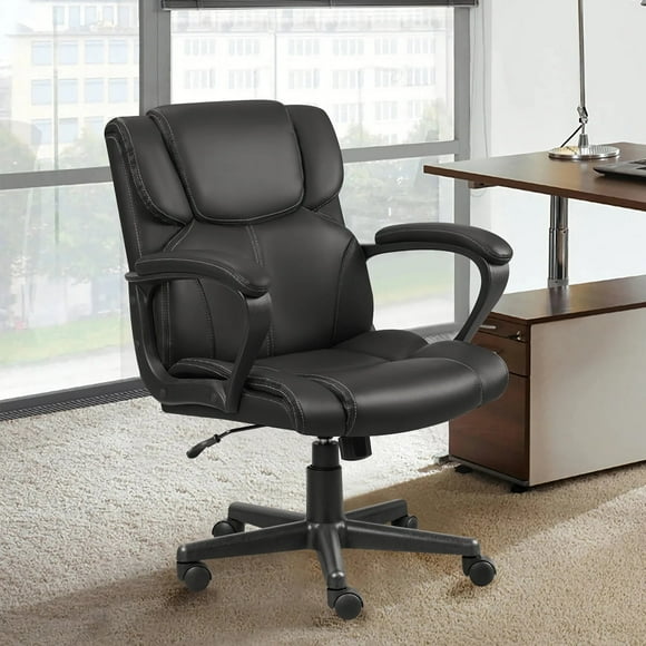 Homall Faux Leather-Padded Mid-Back Office Desk Chair with Lumbar Support Swivel Computer Task Chair with Armrests,Black