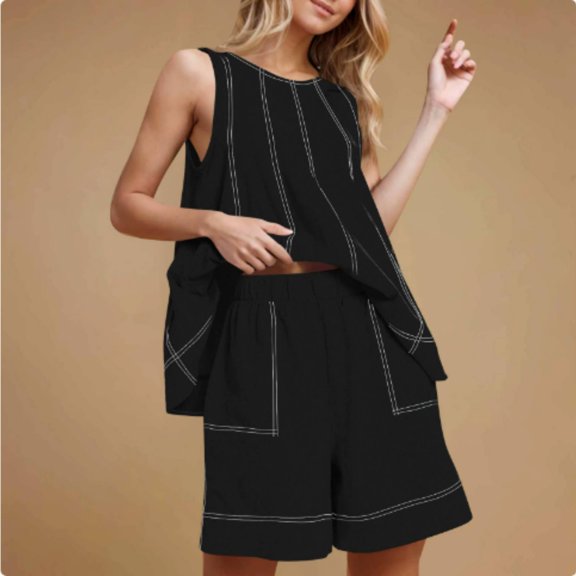Womens 2 Piece Lounge Set Casual Summer Outfits Sleeveless Tank Top and Elastic Waist Shorts with Pockets