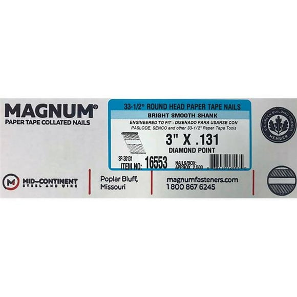 Magnum Fasteners 2849081 33-0,5 deg Lisse Tige Clous à Lames Coudées&44; 3 Po x 0,131 Po Dia. - Pack de 2500