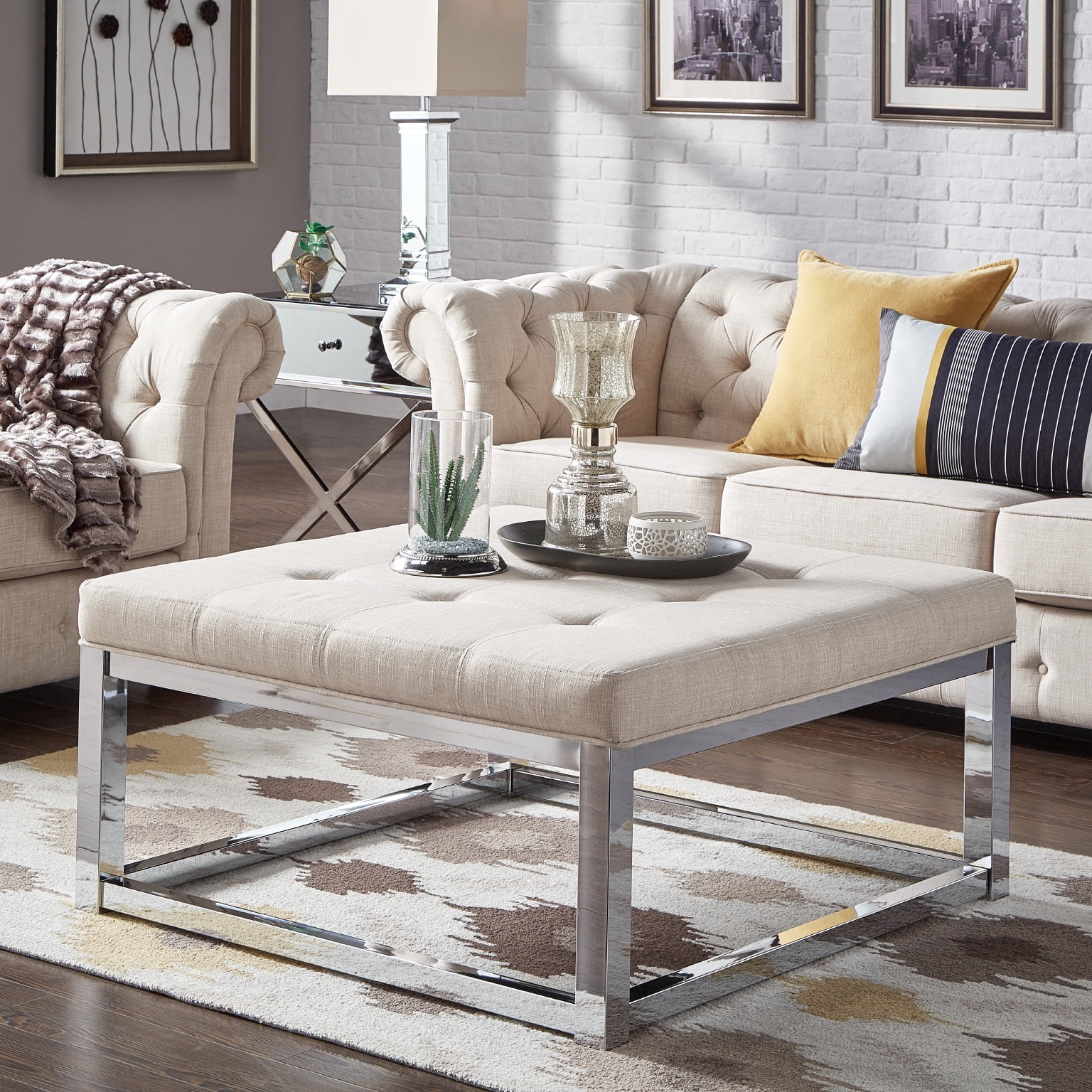 Beige Coffee Table Ottoman Tufted Ottoman Beige Velvet Ottoman Coffee