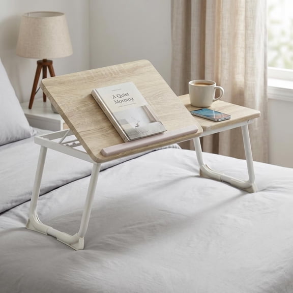 Folding Table with Adjustable Tilt Top and Foldable Legs, Natural Oak/White