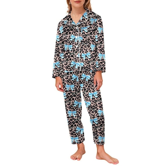 HNMKIU Girls Cozy Animal Print Sleepwear Two-Piece Set for Kids with Bow Detail Lightweight Loungewear for Home Relaxation and Everyday Comfort Light Blue,7-8 Years