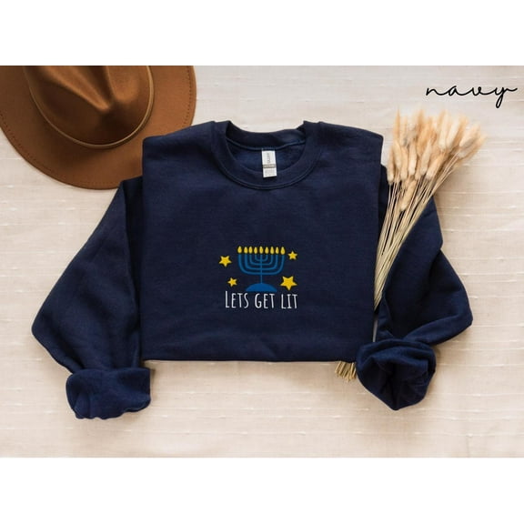 Let’s Get Lit Hanukkah Sweatshirt, Funny Menorah Embroidered Holiday Crewneck, Jewish Festival of Lights Gift