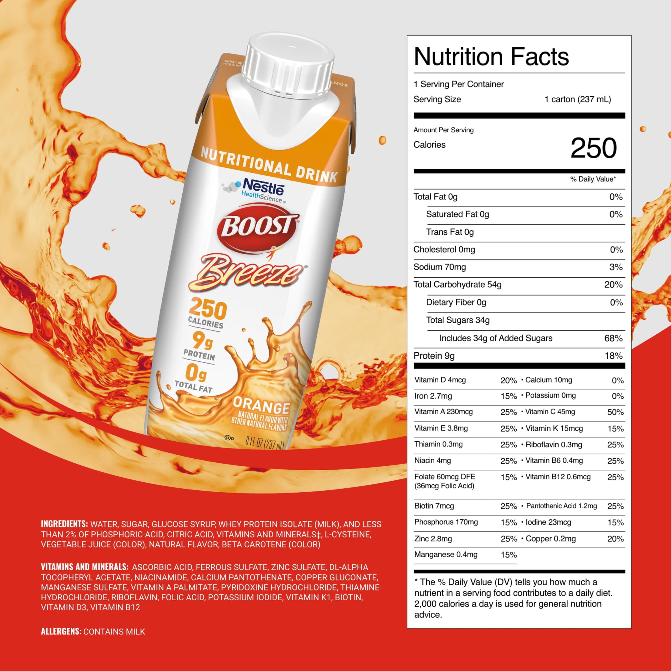BOOST Breeze Clear Nutritional Drink, 9g Protein, 250 Nutrient-Rich Calories, Orange, 8 fl oz (Pack of 24)