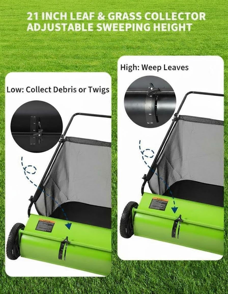 Accreate 21-Inch Lawn Sweeper With Push Design, 7 Cu. Ft. Capacity Bag, 4 Spinning Brushes, Adjustable Height, And Sturdy Steel Frame With Rubber Wheels For Leaves, Grass, And Yard Debris Collection
