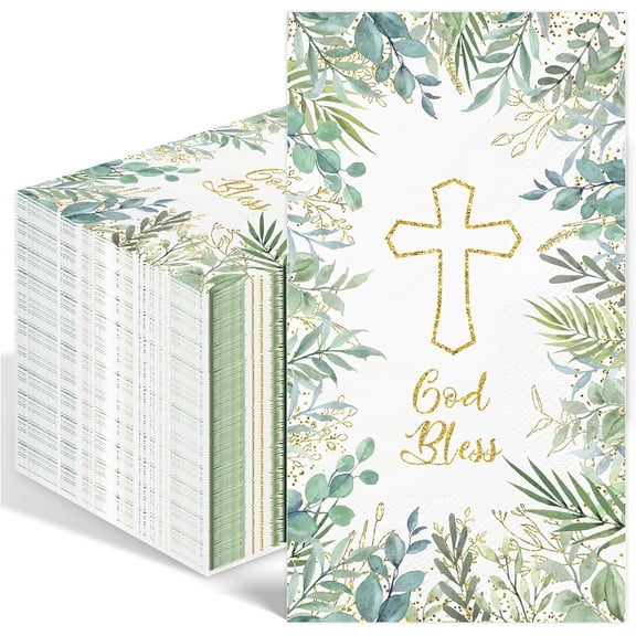 100PCS Greenery Religious Paper Napkins 3 Ply Blessed Cross Disposable Hand Towels for Bathroom Decorative Eucalyptus Guest Napkins for First Communion Holy Baptism Wedding Religious Spring Party
