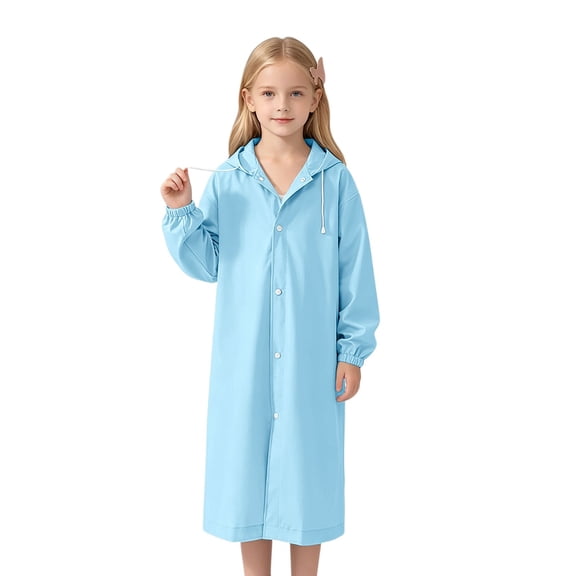 Girls Kids Waterproof Hooded Long Raincoat with Front Buttons for School Travel Daily Casual Rainwear One Size
