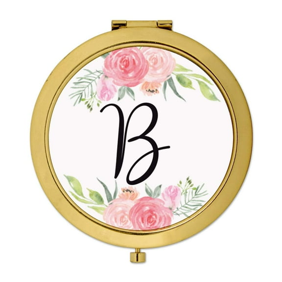 Koyal Wholesale Compact Mirror Bridesmaid's Wedding Gift, Gold, Monogram Letter B, Peach and Pink Roses, 1-Pack