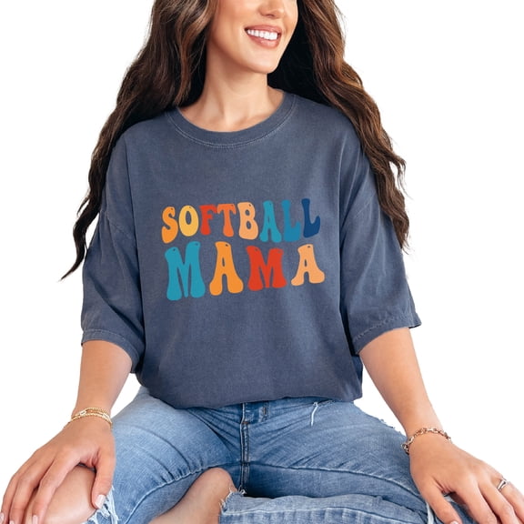 Softball Mama, Mom of a Player Themed, Groovy Retro Wavy Text, Denim Comfort Colors T-Shirt, Small