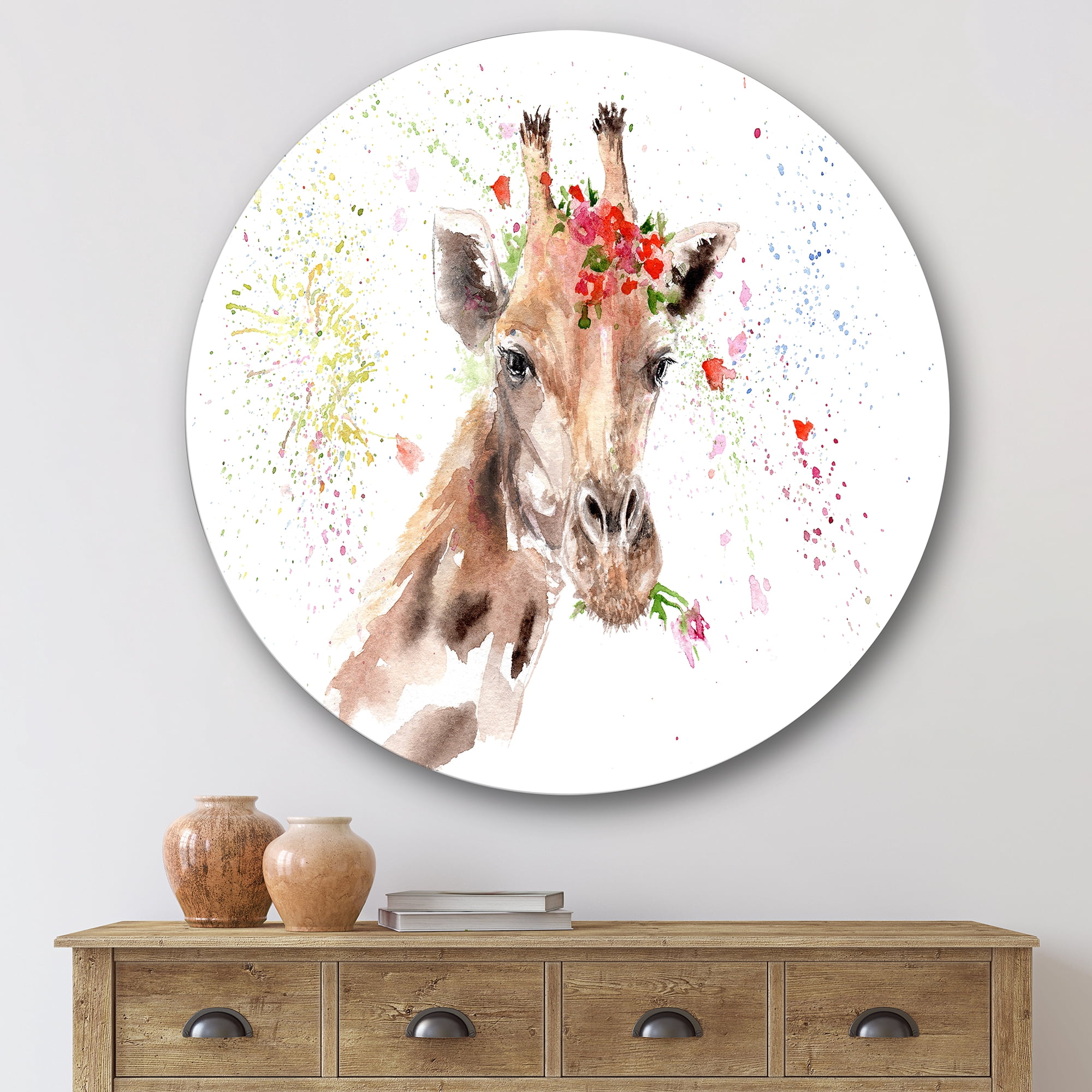 Designart 'Portrait of A Giraffe With Red Flowers II' Farmhouse Circle Metal Wall Art 36x36 - Disc of 36