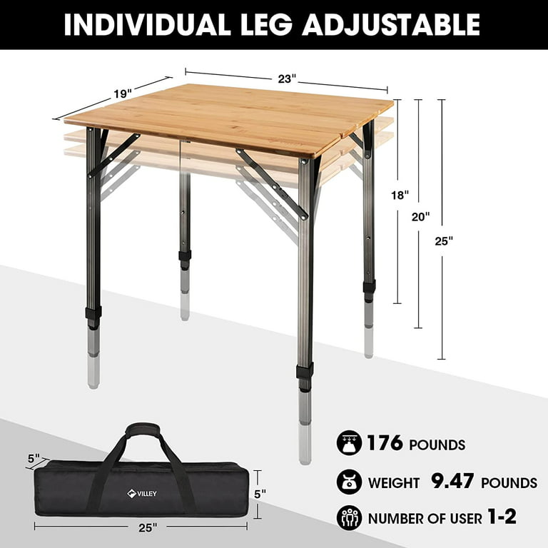 VILLEY Bamboo Folding Table, Portable Camping Table with Aluminum  Adjustable Legs and Carry Bag, Heavy Duty 176 lbs Table for Travel RV  Picnic Cooking
