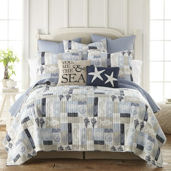 Levtex Home - Cerralvo Full/Queen Quilt Set - Coastal Patchwork - Taupe, Cream, Navy, and Blue - Quilt Set Size 88x92in. and two Shams size 20x26in. - Reversible - Cotton Fabric