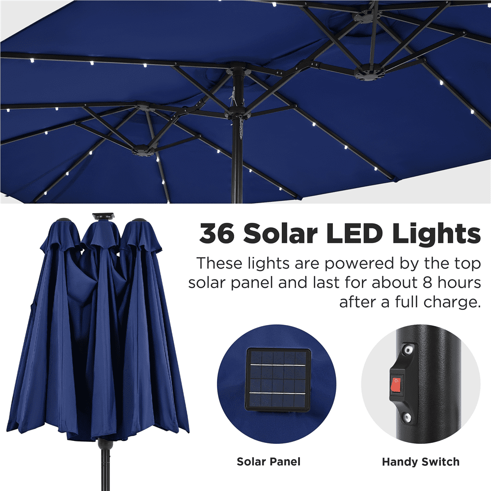 Renwick 13ft Large Patio Umbrella with Solar Lights & Base, Navy Blue
