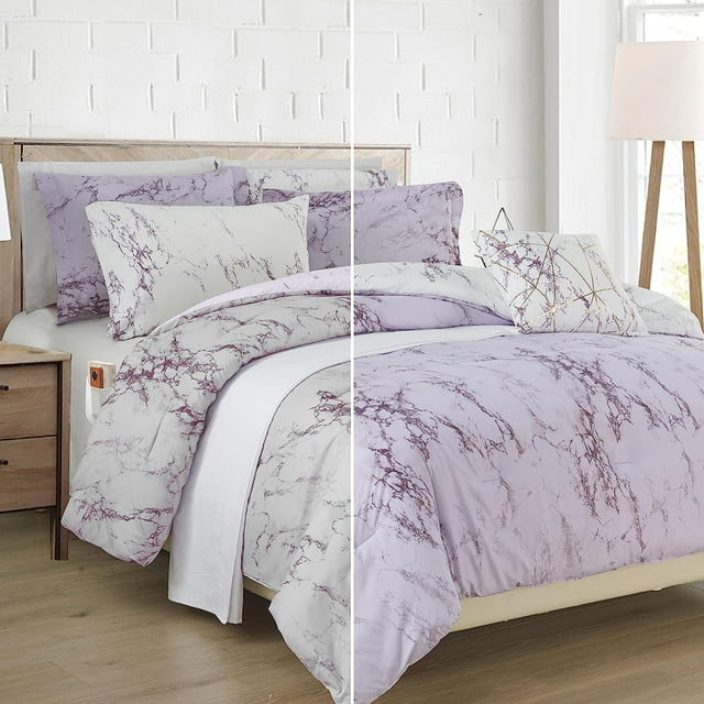 Reversible 10-Piece Marble Print Comforter Set - Includes Decorative Pillow, Fitted Sheet with Smart Pockets, Soft and Plush Medium-Weight Material, Queen Size, Lilac/White