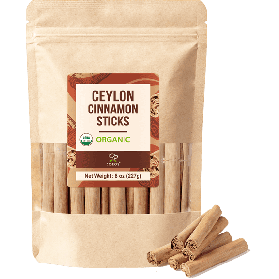 Soeos Organic Ceylon Cinnamon Sticks, 8 oz (227 g), Premium Whole Cinnamon, Ideal for Baking, Cooking & Tea