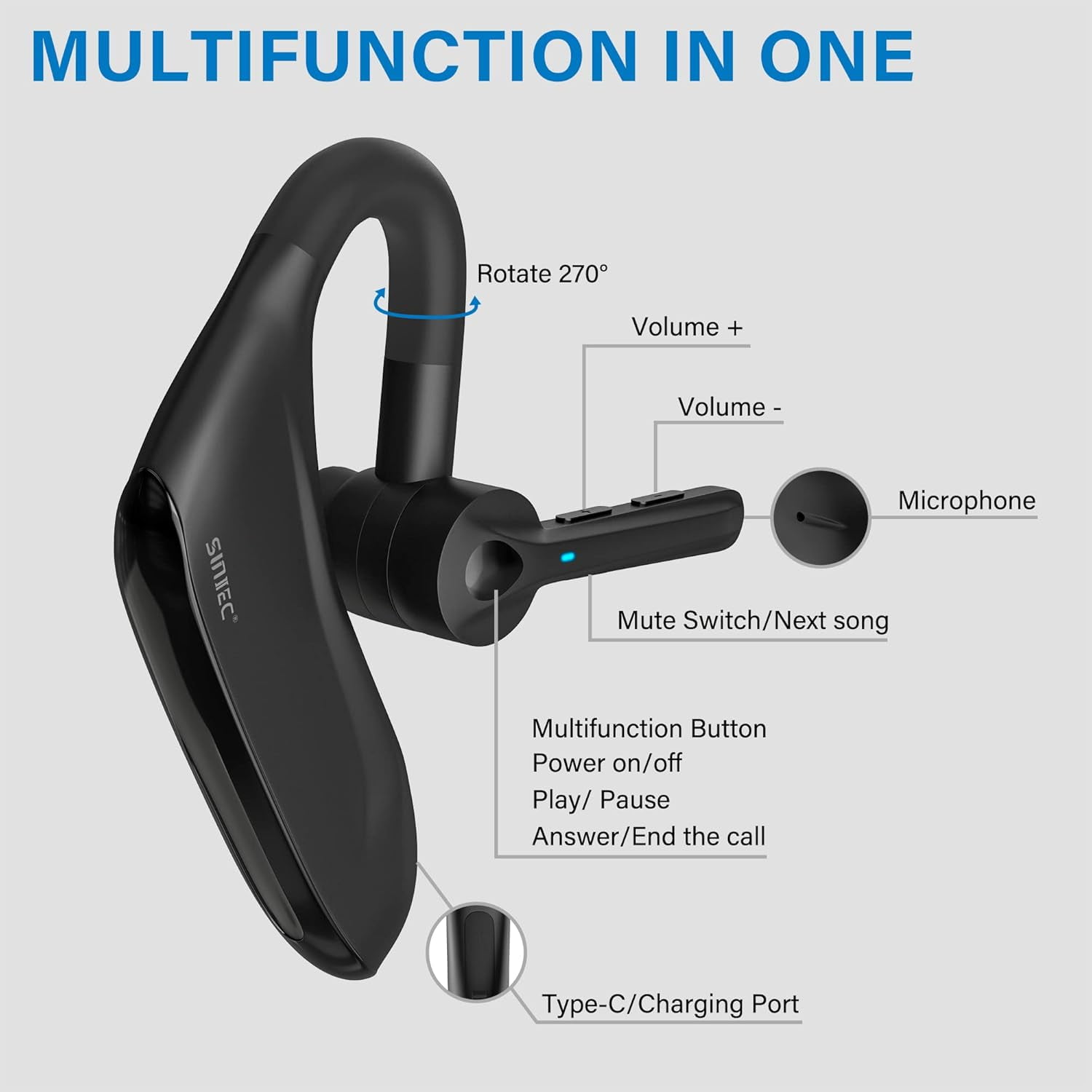 Sunitec Single-Ear Wireless Headset with Dual Microphones, Noise Cancelling, USB Dongle, 45H Talk Time, for PC/Mac