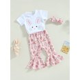 thumbnail image 3 of Bagilaanoe 3Pcs Toddler Baby Girl Easter Outfits Bunny Print Short Sleeve T-shirt Tops + Flare Trousers + Headbands 12M 18M 24M 3T 4T 5T Kids Long Pants Set, 3 of 8
