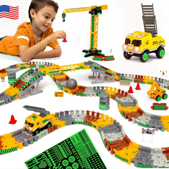 JITTERYGIT Construction Race Track Site Toy - Including Sandbox Vehicles, Trucks, Excavator, Bulldozer, Dump Truck, Crane - Birthday Gift for Kids, Boys, Girls, Toddlers