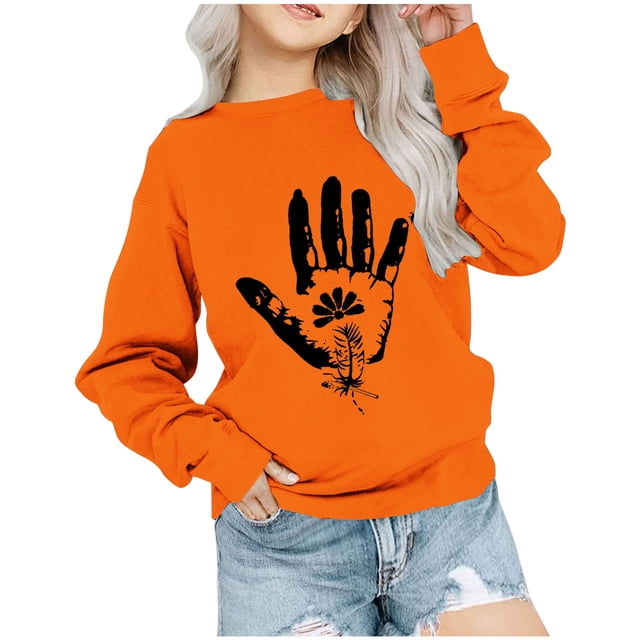 Dadaria Tee-Shirt pour Enfants Orange Manches Longues Col Rond Été Empreintes de Main Chandail Blouses 9 Ans