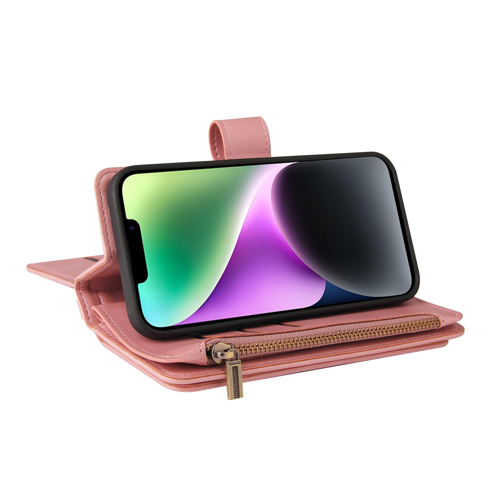 Wallet Case for iPhone 15, Magnetic Zipper Pouch Premium PU Leather with Kickstand Wallet Flip Shockproof Phone Case Wrist Strap Card Slots Holder Pocket iPhone 15,
Pink