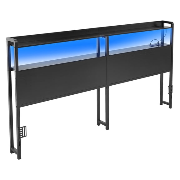 King Size Headboard with LED Lights Charging Station 2 Storage Shelves Adjustable Height Sturdy Carbon Steel Metal Frame Black