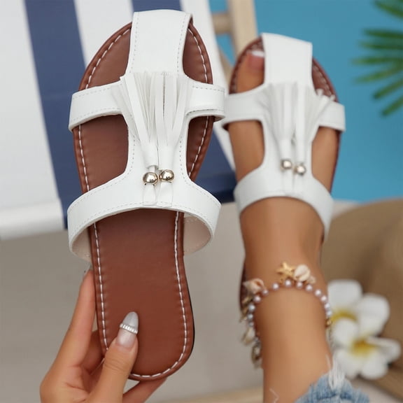 Bkhluea Women Fringe T-Strap Slide Sandals Slip On Comfortable Footwear For Beach Travel Daily Casual Outdoor Activities