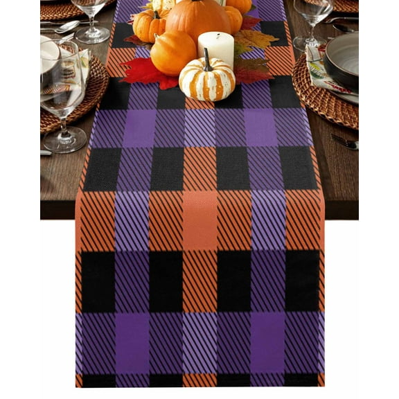 Table Runner 60 Inches Long, Halloween Purple Orange Lattice Cotton Linen Table Runners Non-Slip Durable Dresser Scarves for Table Party Dinner Holiday Home Decor, 1 Pack