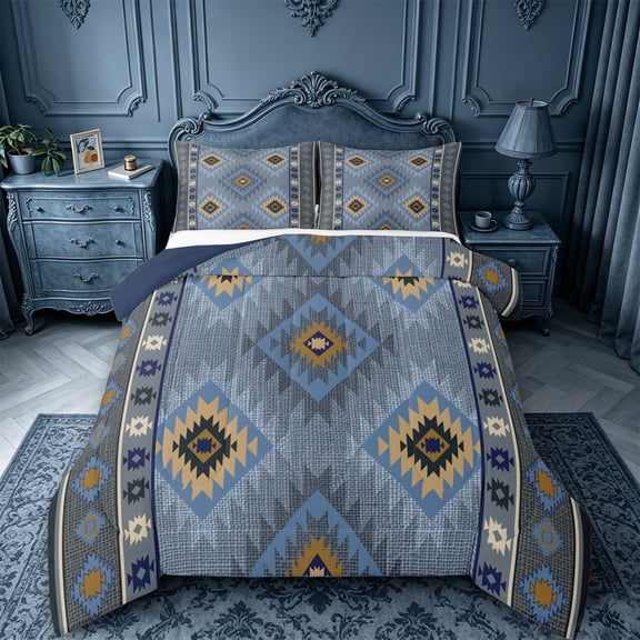 jejeloiu Aztec Geometric Rhombus Full Size Comforter Sets,Western Cowboy Tribal Bedding Comforter Set For Boys,Blue Beige,Navy Blue Reversible,3 Pieces,1 Comforter and 2 Pillowcases