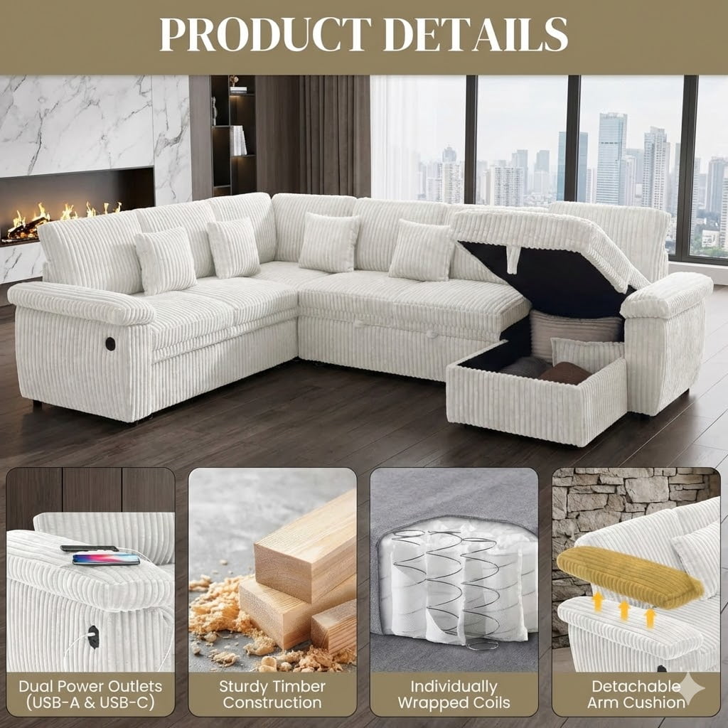 Howcool Modular Sectional Sleeper Sofa with Pull-Out Bed, U-Shaped Convertible 7-Seat Cloud Couch with Storage Chaise & USB Charging, Plush Corduroy Sectional for Living Room,Beige