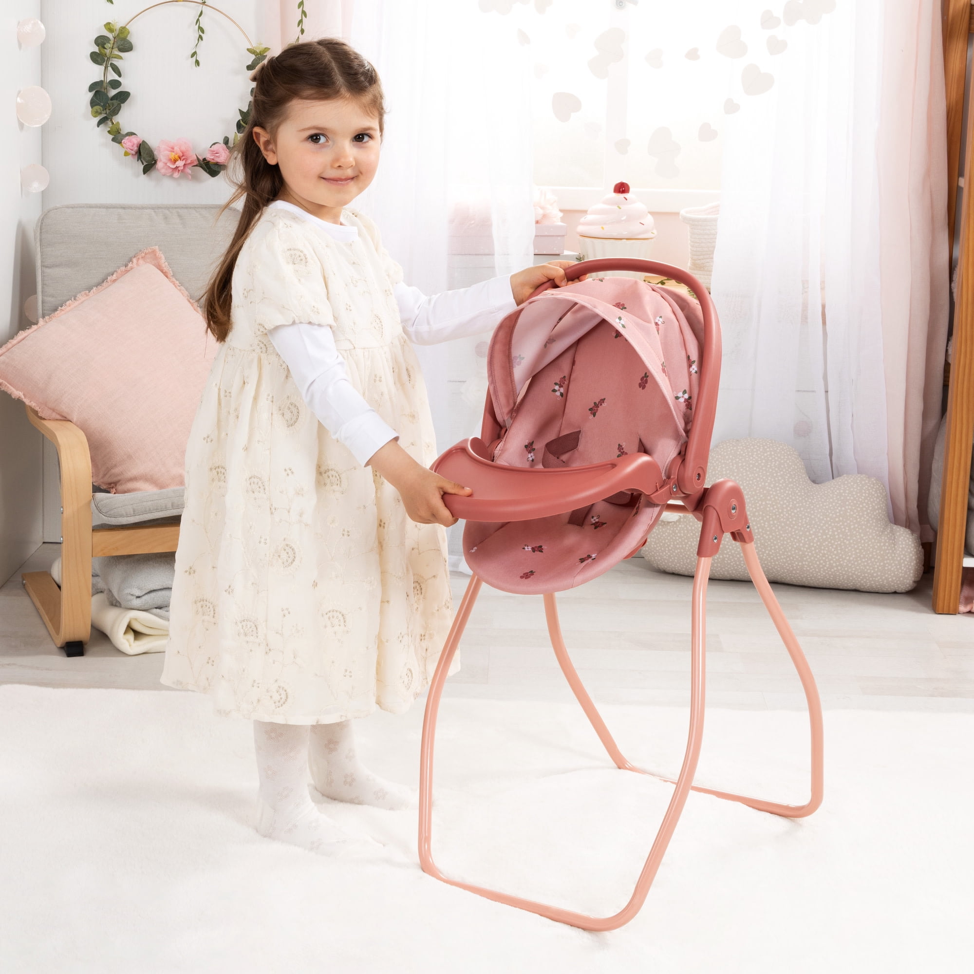 Bayer Design: Doll 4-In-1 Vario - Pink & Flowers - Convertible Toy: Highchair-Swing-Bed-Car Seat, All-In-1 Care Accessory Fits 18" Dolls, Kids 3+