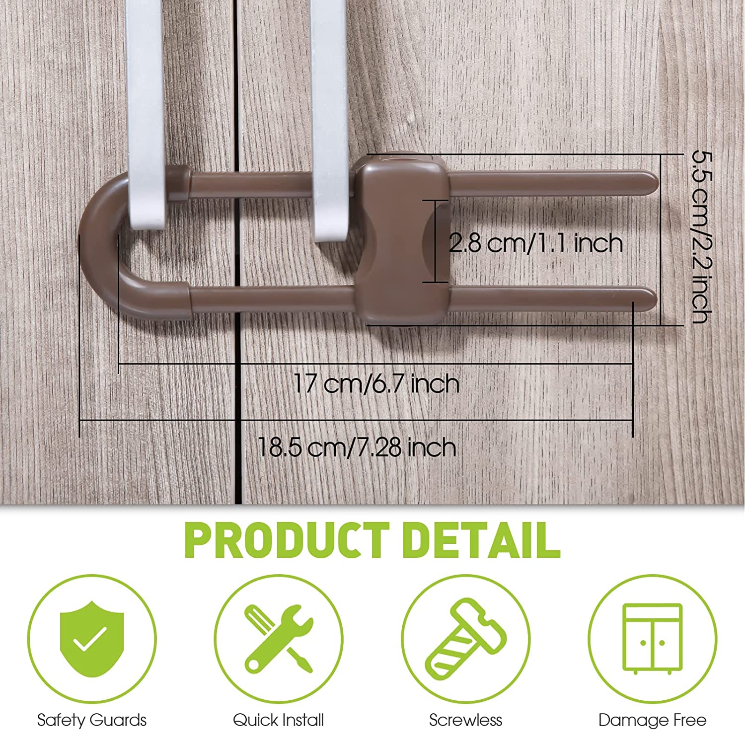 10 Pieces Cabinet Locks for Babies, U-Shaped Proofing Drawers Safety Child Locks Adjustable, Easy to Use Childproof Latch for Knob Handle on Kitchen Door Storage Cupboard Closet Dresser(Brown)