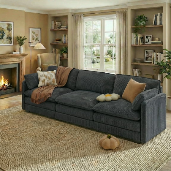 Aiho 110" Pet-Friendly Cloud Couch, Soft Deep Seat Double Cushion I-Shaped Sectional Sofa with 2 Pillows for Living Room, Bedroom & Apartment,Dark Grey