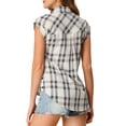 thumbnail image 4 of Allegra K Women's Halloween Costume Point Collar Short Cap Sleeves Plaids Button Down Shirt, 4 of 7