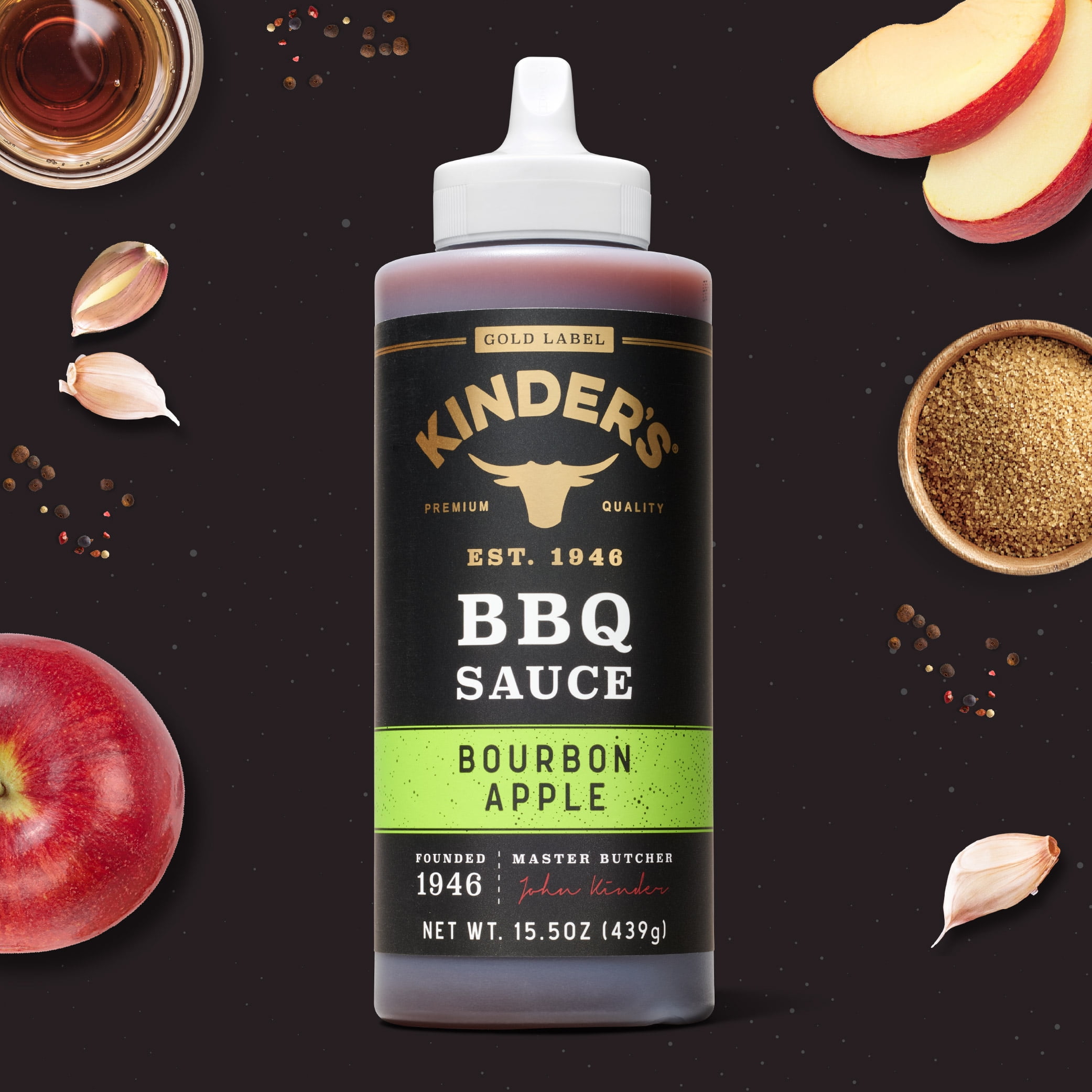 (6 pack) Kinder's Gold Label Bourbon Apple BBQ Sauce, 15.5 oz Squeeze Bottle