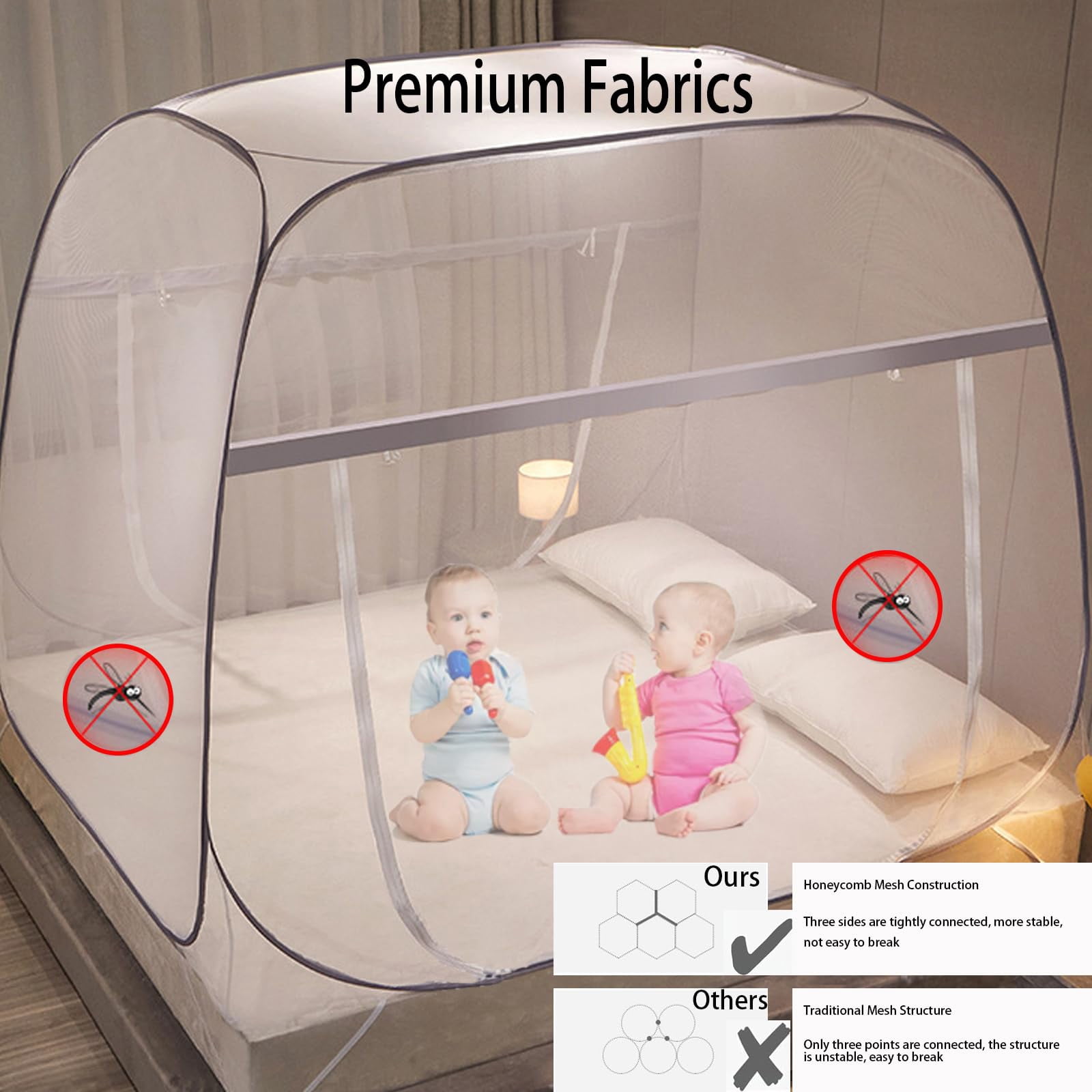 JOGGEIL Mosquito Net Tent for Bed, Portable Pop Up Bed Canopy with Bottom, Double Zipper Doors, Breathable Mesh, Large Space Dome, for Bedroom Travel Camping Adults Kids