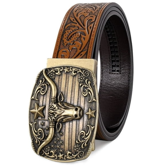 TELOLY Men's Western Ratchet Belt with Automatic Buckle, Leather Cowboy Belt Trim to Fit