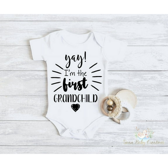Yay! I'M The First Grandchild Body, First Grandbaby Grandparent Pregnancy Announcement Baby Announcement Pregnancy Reveal Grandparent Reveal Cute And Cool Baby Bodysuit, Baby Bodysuit Lat 4424