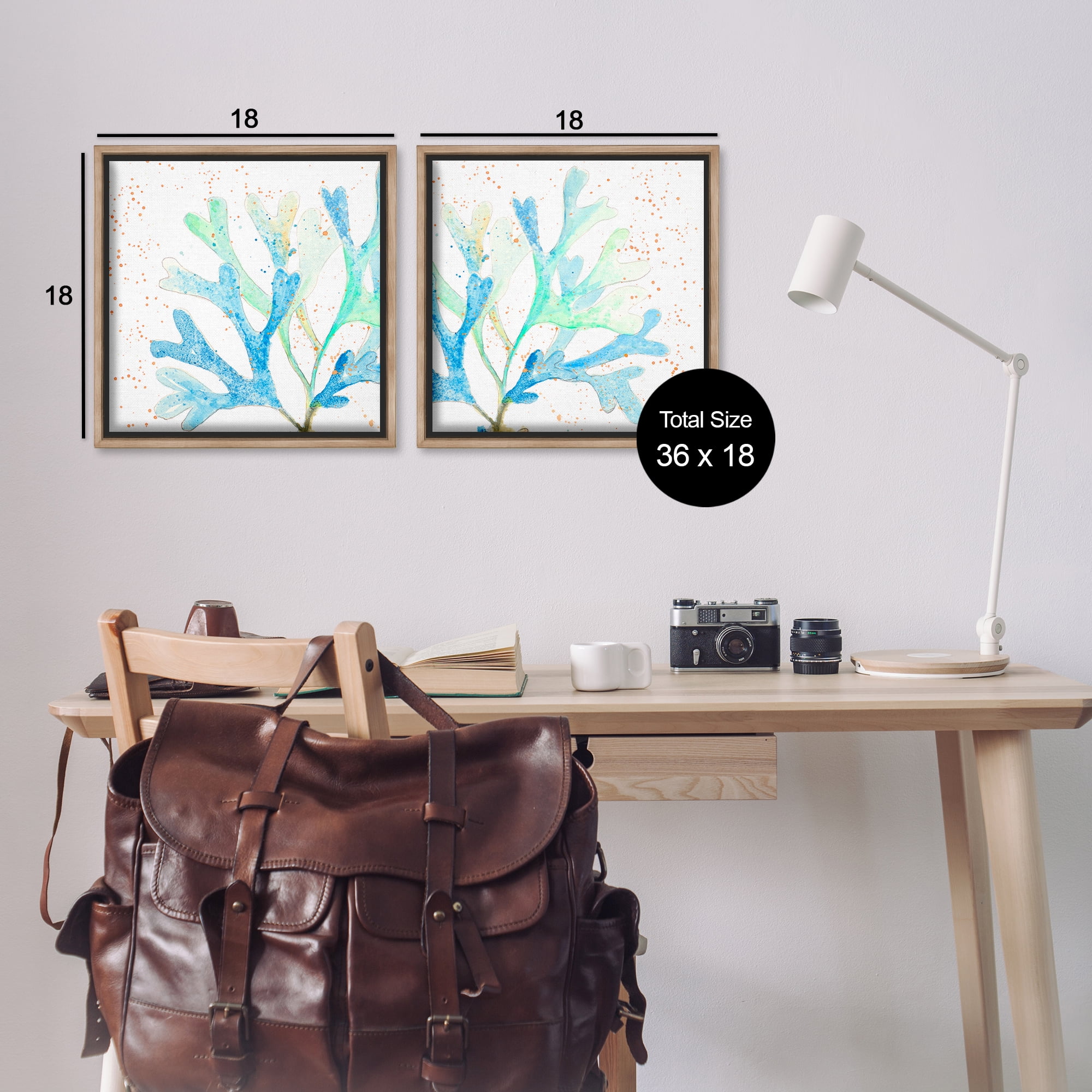 Stupell Industries Speckled Blue Green Coral Plants & Flowers Painting Brown Floater Framed Canvas Art Print Wall Art, 18 x 18, Set of 2