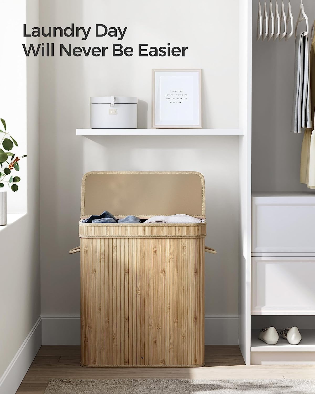 100L Laundry Hamper with Lid Bamboo Laundry Basket with Liner Bag Foldable Storage Hamper with Handles Natural