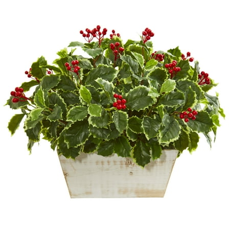 Nearly Natural Variegated Holly Leaf Artificial Plant (Real Touch), Green