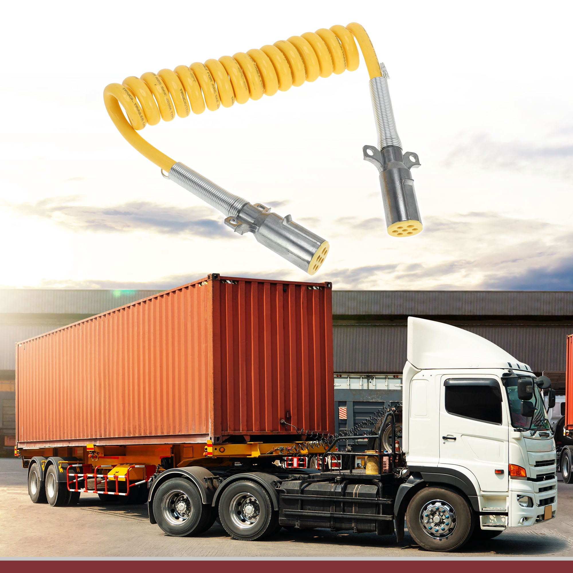 Unique Bargains 7-Way Coiled Trailer Cord 12 ft Yellow Zinc Alloy